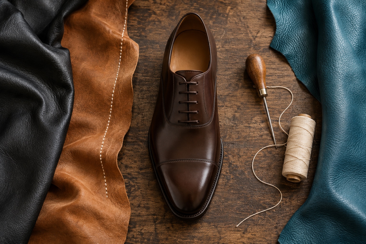 AI-generated illustrative still life of a brown shoe, leather, thread and awl; not client work